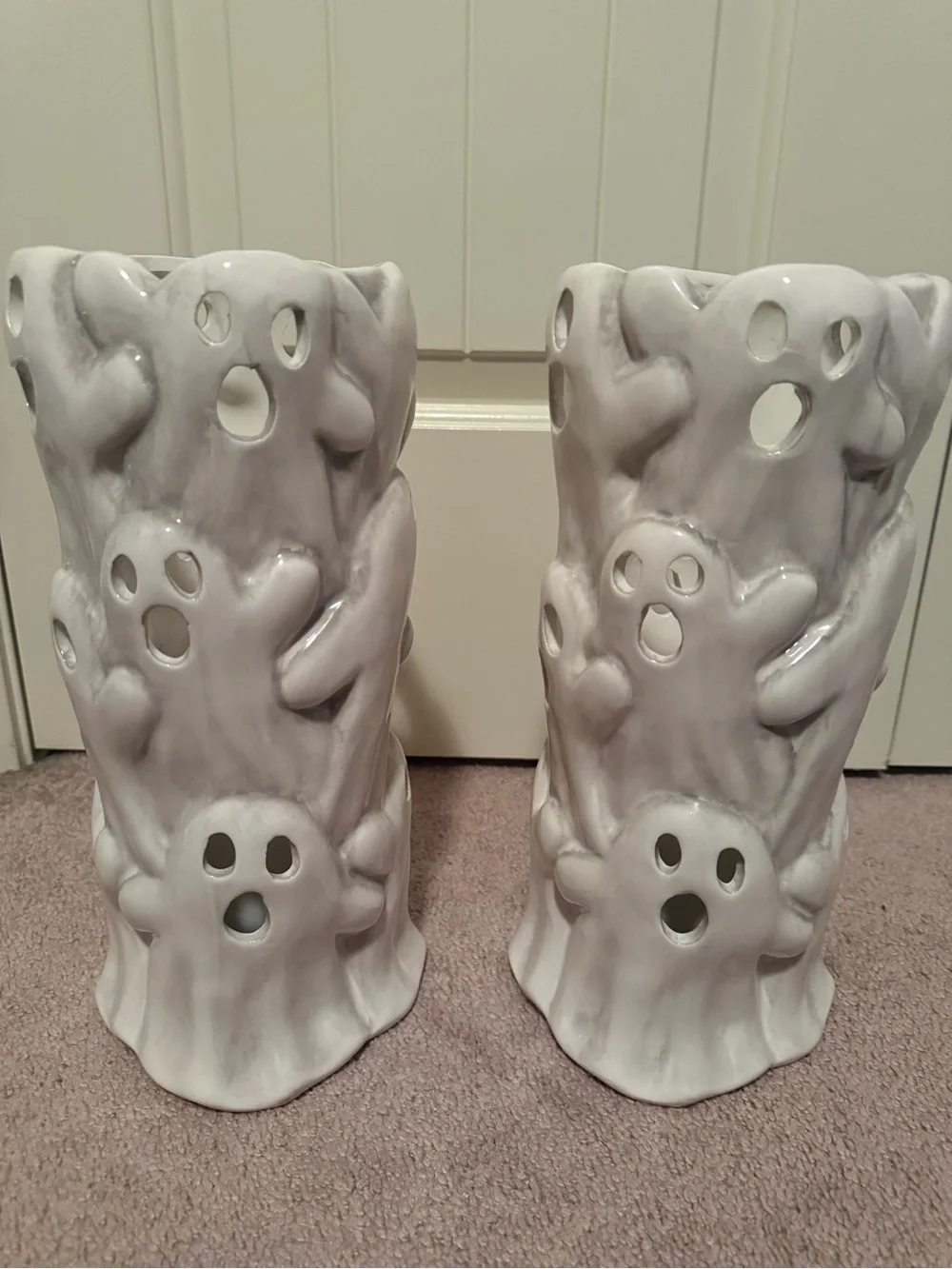 White Ceramic Ghost Lantern Pair -led candles for glowing effects